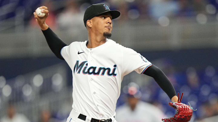 Sep 20, 2023; Miami, Florida, USA;  Miami Marlins starting pitcher Eury Perez (39) pitches against
