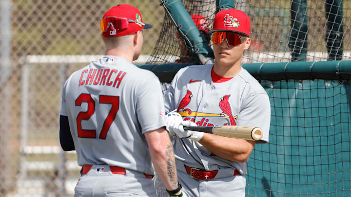 Feb 16, 2026; Jupiter, FL, USA; St. Louis Cardinals infielder JJ Wetherholt (77) talks with left fielder Nathan Church (27) after batting practice during spring training workouts at Roger Dean Stadium. Mandatory Credit: Reinhold Matay-Imagn Images Feb 16, 2026; Jupiter, FL, USA; St. Louis Cardinals infielder JJ Wetherholt (77) talks with left fielder Nathan Church (27) after batting practice during spring training workouts at Roger Dean Stadium. Mandatory Credit: Reinhold Matay-Imagn Images
