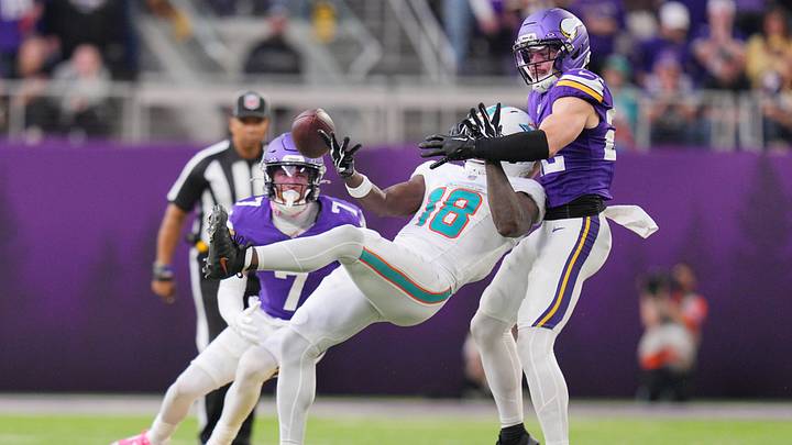 Minnesota Vikings safety Harrison Smith (22) breaks up a pass intended for Miami Dolphins wide receiver Chris Bell (18) during the fourth quarter at U.S. Bank Stadium. Minnesota Vikings safety Harrison Smith (22) breaks up a pass intended for Miami Dolphins wide receiver Chris Bell (18) during the fourth quarter at U.S. Bank Stadium.