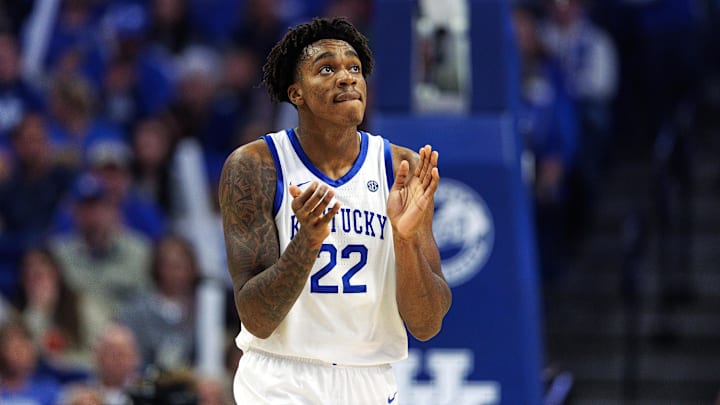 Nov 19, 2024; Lexington, Kentucky, USA; Kentucky Wildcats center Amari Williams (22) celebrates during the second half against the Lipscomb Bisons at Rupp Arena at Central Bank Center. Mandatory Credit: Jordan Prather-Imagn Images