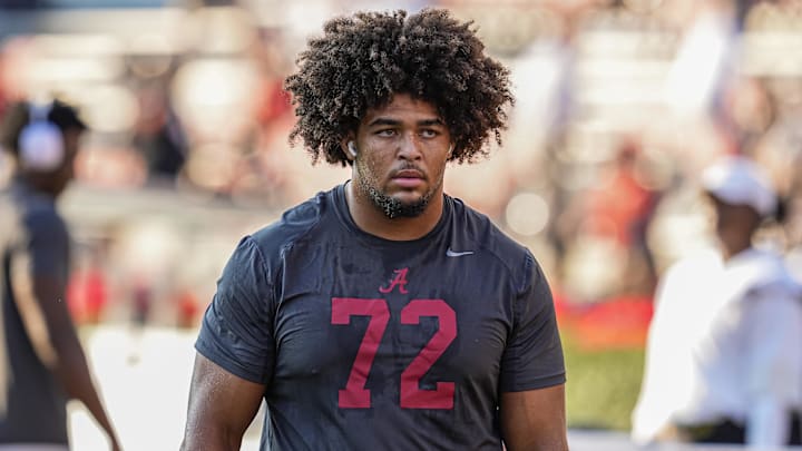 Sep 27, 2025; Athens, Georgia, USA; Alabama Crimson Tide offensive lineman Parker Brailsford (72) on the field before the game against the Georgia Bulldogs at Sanford Stadium. Mandatory Credit: Dale Zanine-Imagn Images