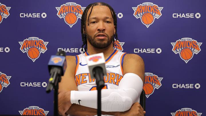 New York Knicks guard Jalen Brunson (11) speaks during media day at the MSG training facility. New York Knicks guard Jalen Brunson (11) speaks during media day at the MSG training facility.