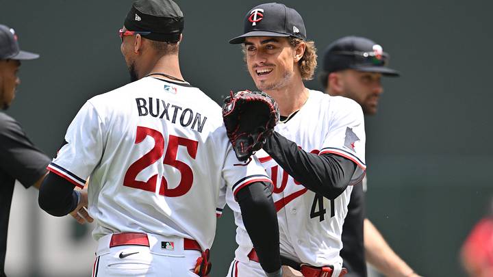 Jun 22, 2023; Minneapolis, Minnesota, USA; Minnesota Twins starting pitcher Joe Ryan (41) and designated hitter Byron Buxton (25) react after the game against the Boston Red Sox at Target Field. Mandatory Credit: Jeffrey Becker-Imagn Images Jun 22, 2023; Minneapolis, Minnesota, USA; Minnesota Twins starting pitcher Joe Ryan (41) and designated hitter Byron Buxton (25) react after the game against the Boston Red Sox at Target Field. Mandatory Credit: Jeffrey Becker-Imagn Images