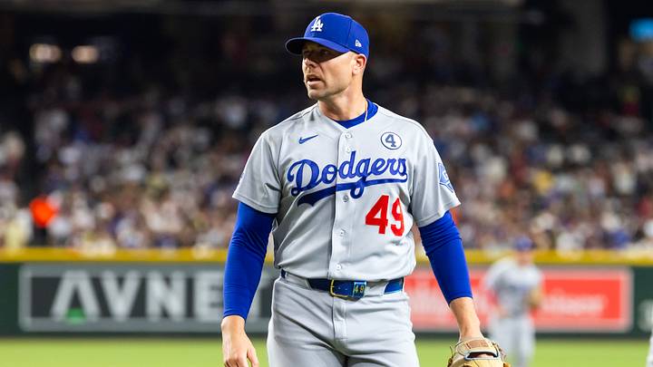 Jun 2, 2026; Phoenix, Arizona, USA; Los Angeles Dodgers pitcher Blake Treinen against the Arizona Diamondbacks at Chase Field. Mandatory Credit: Mark J. Rebilas-Imagn Images