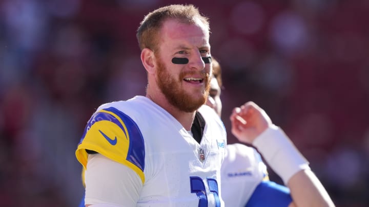 Jan 7, 2024; Santa Clara, California, USA; Los Angeles Rams quarterback Carson Wentz (11) stands on