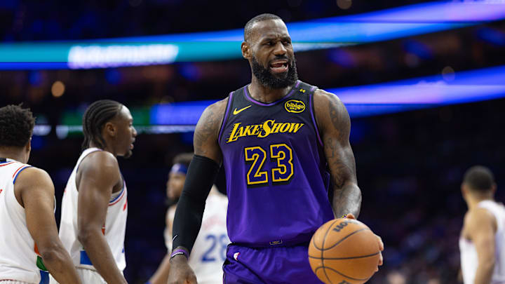 Jan 28, 2025; Philadelphia, Pennsylvania, USA; Los Angeles Lakers forward LeBron James (23) reacts after a play during the first quarter against the Philadelphia 76ers at Wells Fargo Center. Mandatory Credit: Bill Streicher-Imagn Images