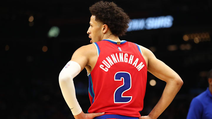 Dec 2, 2021; Phoenix, Arizona, USA; Detailed view of the jersey of Detroit Pistons guard Cade Cunningham (2): Mark J. Rebilas-Imagn Images