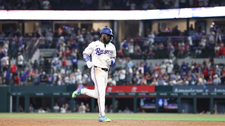 May 14, 2025; Arlington, Texas, USA; Texas Rangers outfielder Adolis García (53) rounds the bases after hitting a two run home run against the Colorado Rockies during the sixth inning at Globe Life Field. Mandatory Credit: Tim Heitman-Imagn Images May 14, 2025; Arlington, Texas, USA; Texas Rangers outfielder Adolis García (53) rounds the bases after hitting a two run home run against the Colorado Rockies during the sixth inning at Globe Life Field. Mandatory Credit: Tim Heitman-Imagn Images