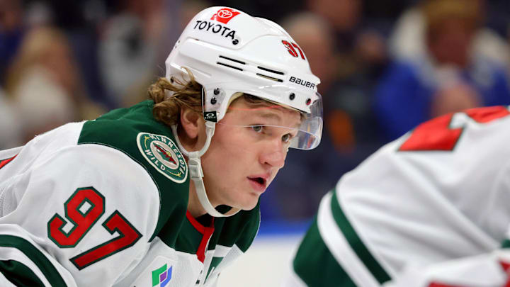 Nov 27, 2024; Buffalo, New York, USA;  Minnesota Wild left wing Kirill Kaprizov (97) waits for the face-off during the second period against the Buffalo Sabres at KeyBank Center. Mandatory Credit: Timothy T. Ludwig-Imagn Images
