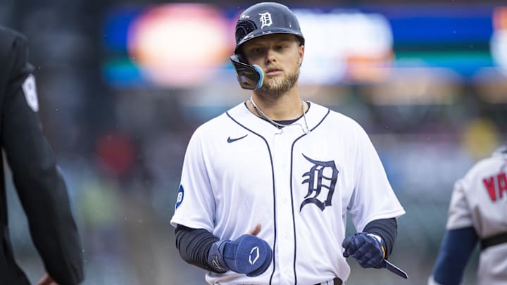 Apr 11, 2022; Detroit, Michigan, USA; Detroit Tigers left fielder Austin Meadows (17) scores a run during the first inning against the Boston Red Sox at Comerica Park. Mandatory Credit: Raj Mehta-Imagn Images