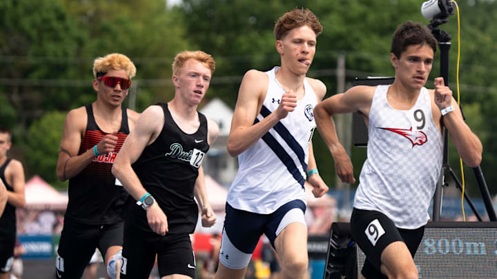 Des Moines Christian's Caleb Ten Pas, left, and Western Dubuque's Quentin Nauman compete in the 3A 800 meter final during the 2025 Iowa high school state track and field meet at Drake Stadium on May 24, 2025, in Des Moines.