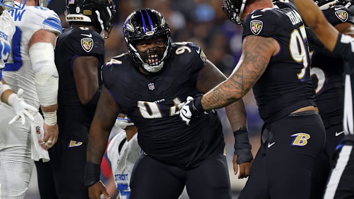 Sep 22, 2025; Baltimore, Maryland, USA; Baltimore Ravens defensive tackle John Jenkins (94) reacts after a play against the Detroit Lions during the first half at M&T Bank Stadium. Mandatory Credit: Peter Casey-Imagn Images Sep 22, 2025; Baltimore, Maryland, USA; Baltimore Ravens defensive tackle John Jenkins (94) reacts after a play against the Detroit Lions during the first half at M&T Bank Stadium. Mandatory Credit: Peter Casey-Imagn Images