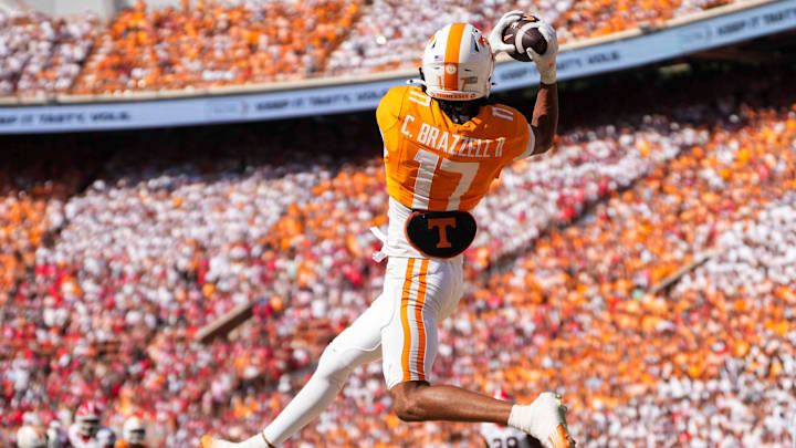 Tennessee wide receiver Chris Brazzell II (17) catches the ball in the end zone during a NCAA football game between Tennessee and Georgia at Neyland Stadium in Knoxville, Tennessee, on September 13, 2025.