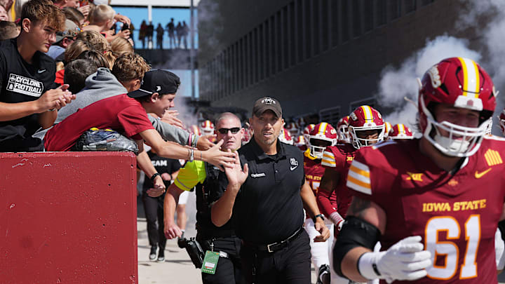 Iowa State Cyclones head coach Matt Campbell high-five fans as enter the field with the team before the game against Iowa in the Cy-Hawk football at Jack Trice Stadium on Sept. 6, 2025, in Ames, Iowa