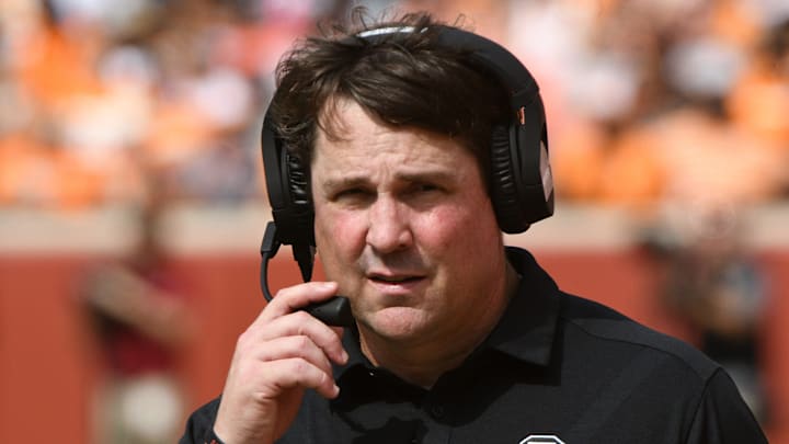 Oct. 14, 2017 - South Carolina football coach Will Muschamp looks on during the first half of a Tennessee vs. South Carolina game at Neyland Stadium in Knoxville.

Ut Scfb 1014 Michael 0848