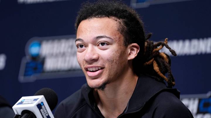 Houston's Kingston Flemings speaks during a press conference for the first round of the NCAA basketball tournament at Paycom Center in Oklahoma City, Wednesday, March 18, 2026.