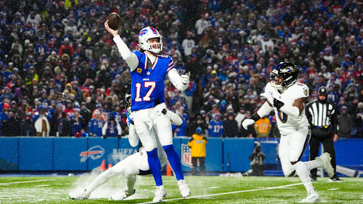 Jan 19, 2025; Orchard Park, New York, USA; Buffalo Bills quarterback Josh Allen (17) throws a pass during the third quarter against the Baltimore Ravens in a 2025 AFC divisional round game at Highmark Stadium. Mandatory Credit: Gregory Fisher-Imagn Images