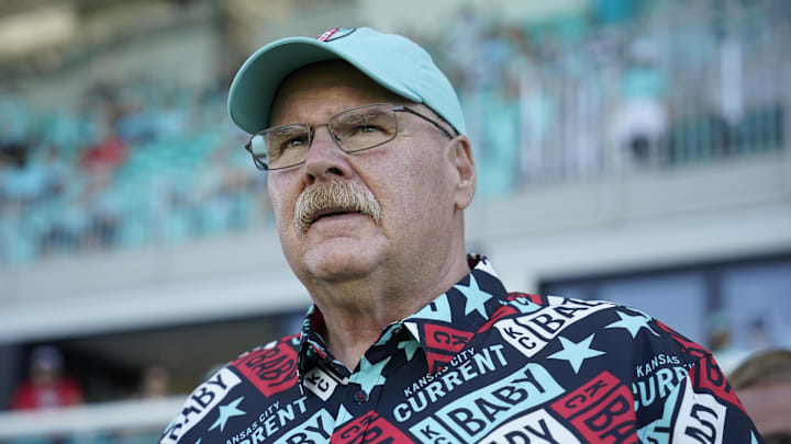 Jun 9, 2024; Kansas City, Missouri, USA; Kansas City Chief coach Andy Reid watches warm ups before the match between Seattle Reign FC and Kansas City Current at CPKC Stadium. Mandatory Credit: Jay Biggerstaff-USA TODAY Sports