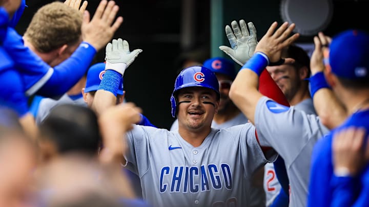 May 25, 2025; Cincinnati, Ohio, USA; Chicago Cubs catcher Reese McGuire (20) high fives teammates after hitting a solo home run in the second inning against the Cincinnati Reds at Great American Ball Park. Mandatory Credit: Katie Stratman-Imagn Images May 25, 2025; Cincinnati, Ohio, USA; Chicago Cubs catcher Reese McGuire (20) high fives teammates after hitting a solo home run in the second inning against the Cincinnati Reds at Great American Ball Park. Mandatory Credit: Katie Stratman-Imagn Images