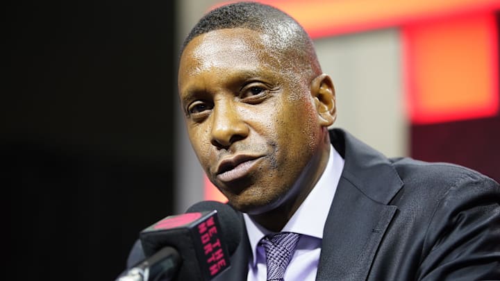 Sep 30, 2024; Toronto, Ontario, Canada; Toronto Raptors vice chairman and team president Masai Ujiri  talks to the media during media day at Scotiabank Area. Mandatory Credit: John E. Sokolowski-Imagn Images