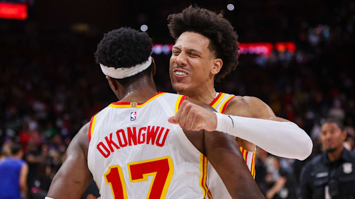 Apr 23, 2026; Atlanta, Georgia, USA; Atlanta Hawks forward Jalen Johnson (1) celebrates with forward Onyeka Okongwu (17) after a victory over the New York Knicks in game three of the first round of the 2026 NBA Playoffs at State Farm Arena. Mandatory Credit: Brett Davis-Imagn Images