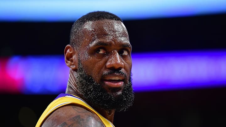 Jan 25, 2024; Los Angeles, California, USA; Los Angeles Lakers forward LeBron James (23) reacts during the second half at Crypto.com Arena. 