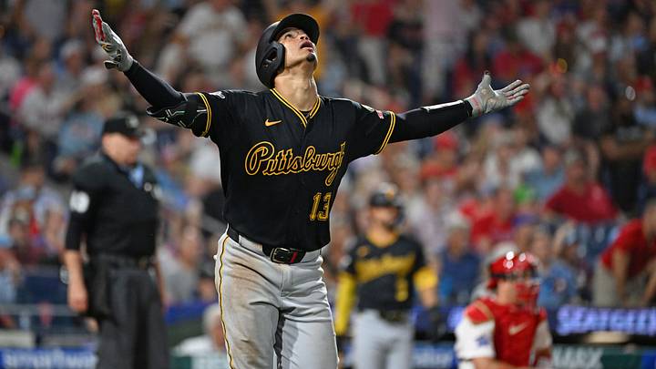 Jun 29, 2026; Philadelphia, Pennsylvania, USA; Pittsburgh Pirates catcher Endy Rodríguez (13) watches his three run home run against the Philadelphia Phillies during the ninth inning at Citizens Bank Park. Mandatory Credit: Eric Hartline-Imagn Images