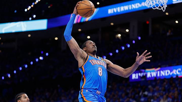 Apr 19, 2026; Oklahoma City, Oklahoma, USA; Oklahoma City Thunder guard Jalen Williams (8) goes up for a dunk against the Phoenix Suns in the second half during game one of the first round of the 2026 NBA Playoffs at Paycom Center. Mandatory Credit: Alonzo Adams-Imagn Images Apr 19, 2026; Oklahoma City, Oklahoma, USA; Oklahoma City Thunder guard Jalen Williams (8) goes up for a dunk against the Phoenix Suns in the second half during game one of the first round of the 2026 NBA Playoffs at Paycom Center. Mandatory Credit: Alonzo Adams-Imagn Images