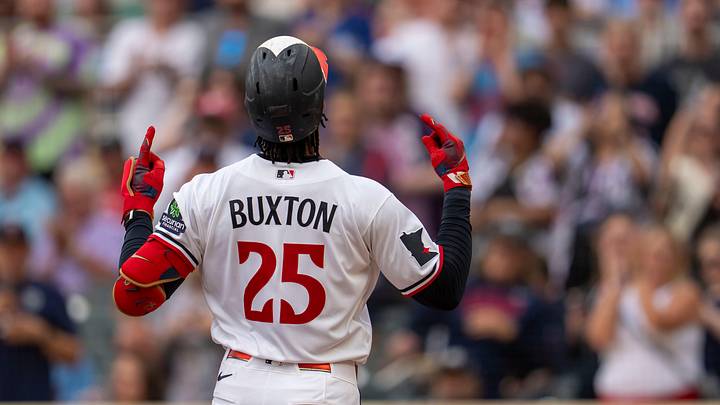Jun 4, 2026; Minneapolis, Minnesota, USA; Minnesota Twins designated hitter Byron Buxton (25) celebrates after hitting a solo home run against the Kansas City Royals in the first inning at Target Field. Mandatory Credit: Jesse Johnson-Imagn Images Jun 4, 2026; Minneapolis, Minnesota, USA; Minnesota Twins designated hitter Byron Buxton (25) celebrates after hitting a solo home run against the Kansas City Royals in the first inning at Target Field. Mandatory Credit: Jesse Johnson-Imagn Images