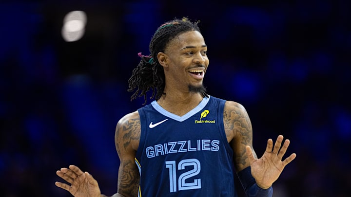 Memphis Grizzlies guard Ja Morant (12) reacts to an officials  call during the second quarter against the Philadelphia 76ers at Wells Fargo Center. 