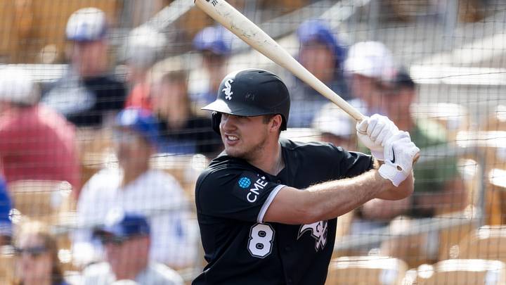Feb 26, 2026; Phoenix, Arizona, USA; Chicago White Sox catcher Kyle Teel against the Los Angeles Dodgers during a spring training game at Camelback Ranch-Glendale. Mandatory Credit: Mark J. Rebilas-Imagn Images
