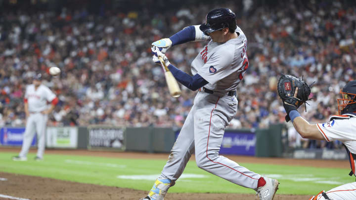 Aug 20, 2024; Houston, Texas, USA; Boston Red Sox first baseman Triston Casas (36) hits an RBI single during the fourth inning against the Houston Astros at Minute Maid Park. Mandatory Credit: Troy Taormina-USA TODAY Sports Aug 20, 2024; Houston, Texas, USA; Boston Red Sox first baseman Triston Casas (36) hits an RBI single during the fourth inning against the Houston Astros at Minute Maid Park. Mandatory Credit: Troy Taormina-USA TODAY Sports