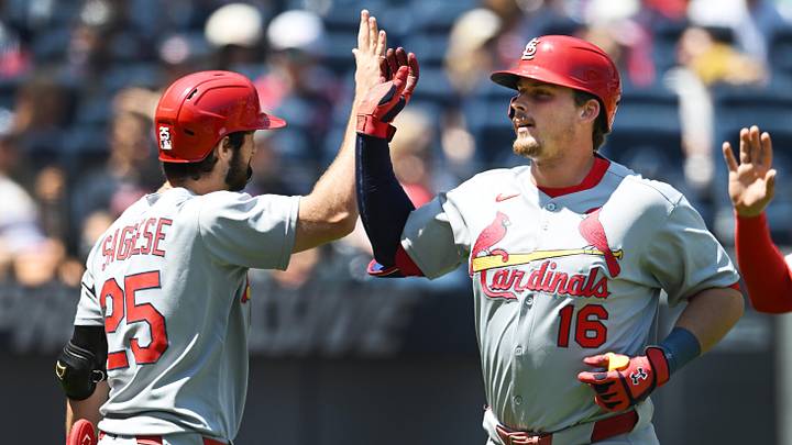 Jun 29, 2025; Cleveland, Ohio, USA; St. Louis Cardinals designated hitter Nolan Gorman (16) celebrates with second baseman Thomas Saggese (25) after hitting a home run during the first inning against the Cleveland Guardians at Progressive Field. Mandatory Credit: Ken Blaze-Imagn Images Jun 29, 2025; Cleveland, Ohio, USA; St. Louis Cardinals designated hitter Nolan Gorman (16) celebrates with second baseman Thomas Saggese (25) after hitting a home run during the first inning against the Cleveland Guardians at Progressive Field. Mandatory Credit: Ken Blaze-Imagn Images