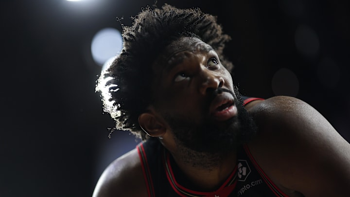 Jan 24, 2026; Philadelphia, Pennsylvania, USA; Philadelphia 76ers center Joel Embiid (21) looks on after a play against the New York Knicks during the second quarter at Xfinity Mobile Arena. Mandatory Credit: Bill Streicher-Imagn Images