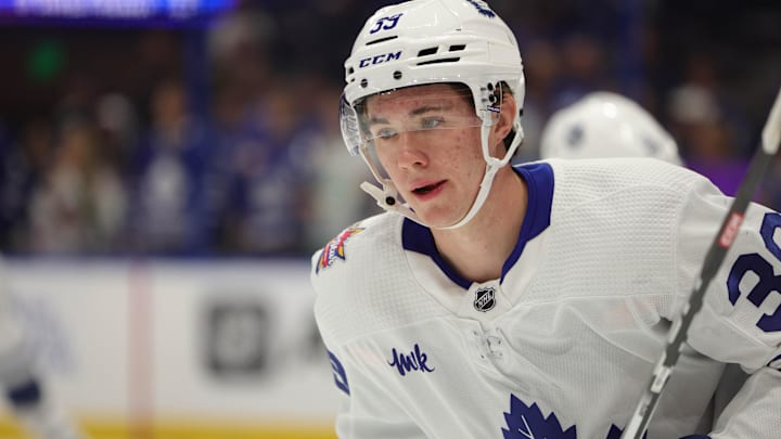 Oct 21, 2023; Tampa, Florida, USA;  Toronto Maple Leafs center Fraser Minten (39) warms up before a game against the Tampa Bay Lightning at Amalie Arena. Mandatory Credit: Nathan Ray Seebeck-Imagn Images