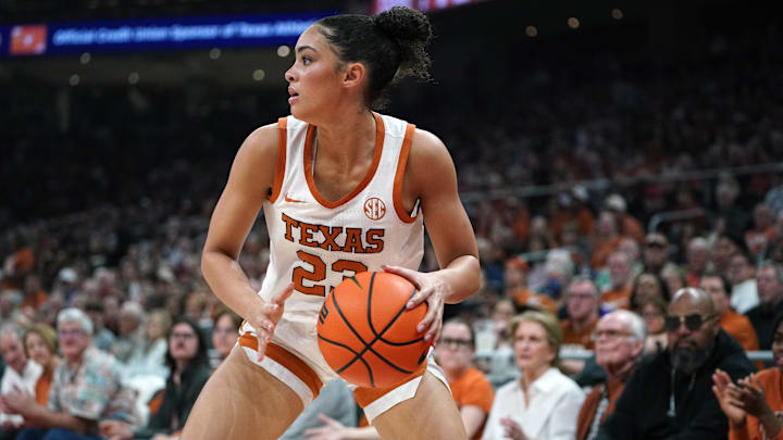 Feb 5, 2026; Austin, Texas, USA;  Texas Longhorns guard Aaliyah Crump (23) looks to pass during the first half against the LSU Tigers at Moody Center. Mandatory Credit: Dustin Safranek-Imagn Images