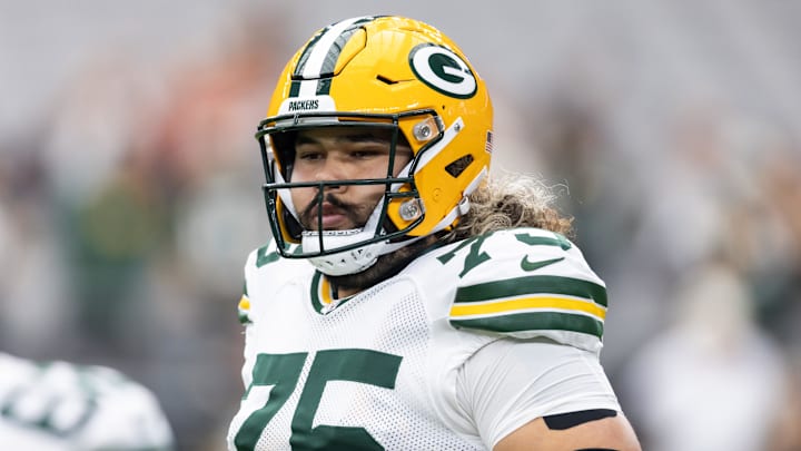 Oct 19, 2025; Glendale, Arizona, USA; Green Bay Packers guard Sean Rhyan (75) against the Arizona Cardinals at State Farm Stadium. Mandatory Credit: Mark J. Rebilas-Imagn Images