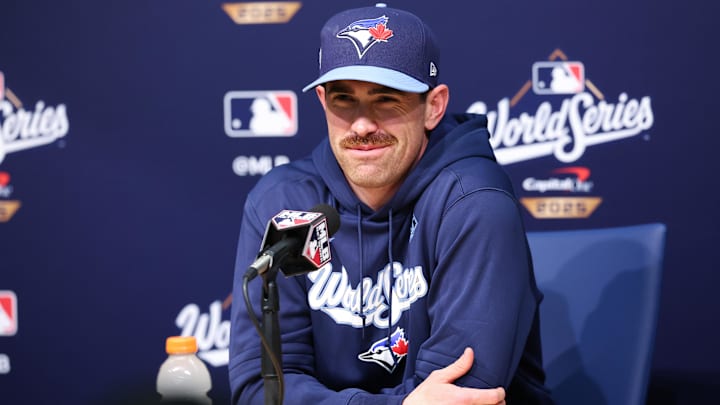 Oct 28, 2025: Toronto Blue Jays pitcher Shane Bieber (57) speaks at the postgame press conference after the game against the Los Angeles Dodgers during game four of the 2025 MLB World Series at Dodger Stadium. 
