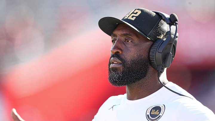 Oct 19, 2024; Piscataway, New Jersey, USA; UCLA Bruins head coach DeShaun Foster reacts during the second half against the Rutgers Scarlet Knights at SHI Stadium. Mandatory Credit: Vincent Carchietta-Imagn Images