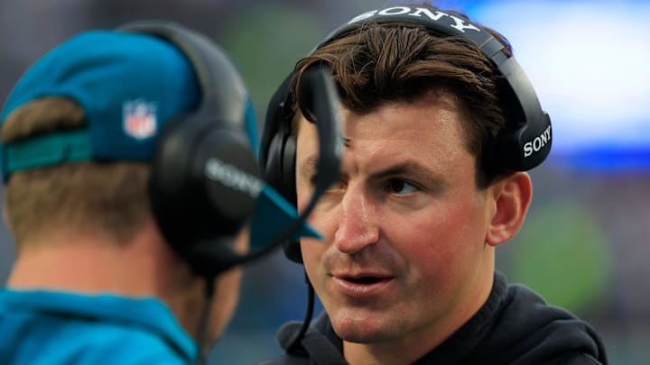 Jacksonville Jaguars offensive coordinator Grant Udinski looks on during the first quarter of an NFL football game at EverBank Stadium, Sunday, Dec. 7, 2025, in Jacksonville, Fla