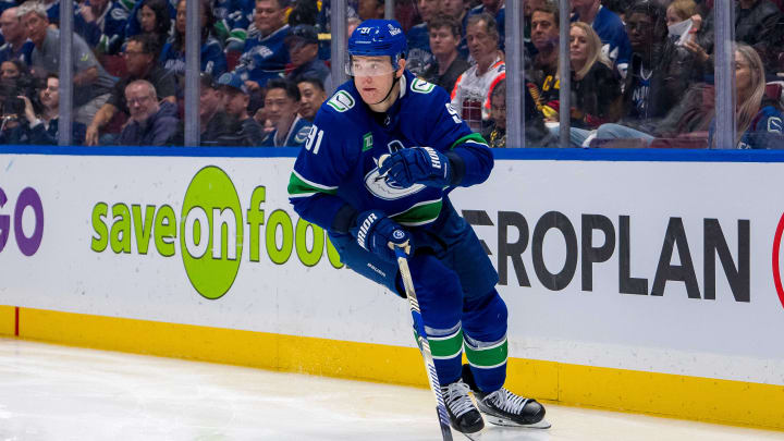 May 10, 2024; Vancouver, British Columbia, CAN; Vancouver Canucks defenseman Nikita Zadorov (91) skates against the Edmonton Oilers during the third period in game two of the second round of the 2024 Stanley Cup Playoffs at Rogers Arena. Mandatory Credit: Bob Frid-USA TODAY Sports