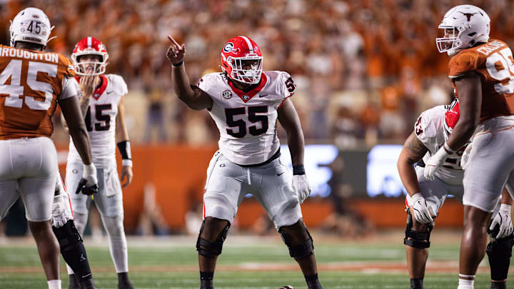 Oct 19, 2024; Austin, Texas, USA; Georgia Bulldogs center Jared Wilson (55) in the second quarter against the Texas Longhorns at Darrell K Royal-Texas Memorial Stadium. Mandatory Credit: Brett Patzke-Imagn Images