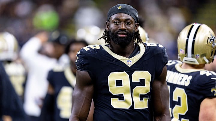 Aug 27, 2023; New Orleans, Louisiana, USA; New Orleans Saints defensive end Tanoh Kpassagnon (92) looks on against the Houston Texans during the first half at the Caesars Superdome. Mandatory Credit: Stephen Lew-Imagn Images Aug 27, 2023; New Orleans, Louisiana, USA; New Orleans Saints defensive end Tanoh Kpassagnon (92) looks on against the Houston Texans during the first half at the Caesars Superdome. Mandatory Credit: Stephen Lew-Imagn Images