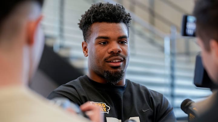 Iowa linebacker Jay Higgins speaks to the media following his Pro Day Monday, March 24, 2025 in Iowa City, Iowa.