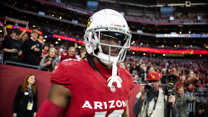 Jan 5, 2025; Glendale, Arizona, USA; Arizona Cardinals wide receiver Marvin Harrison Jr. (18) against the San Francisco 49ers at State Farm Stadium. Mandatory Credit: Mark J. Rebilas-Imagn Images Jan 5, 2025; Glendale, Arizona, USA; Arizona Cardinals wide receiver Marvin Harrison Jr. (18) against the San Francisco 49ers at State Farm Stadium. Mandatory Credit: Mark J. Rebilas-Imagn Images
