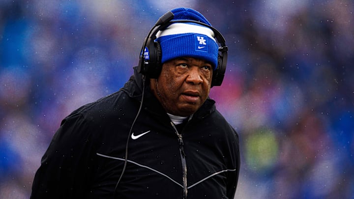 Nov 12, 2022; Lexington, Kentucky, USA; Kentucky Wildcats associate head coach Vince Marrow looks on during the game against the Vanderbilt Commodores at Kroger Field. Mandatory Credit: Jordan Prather-Imagn Images
