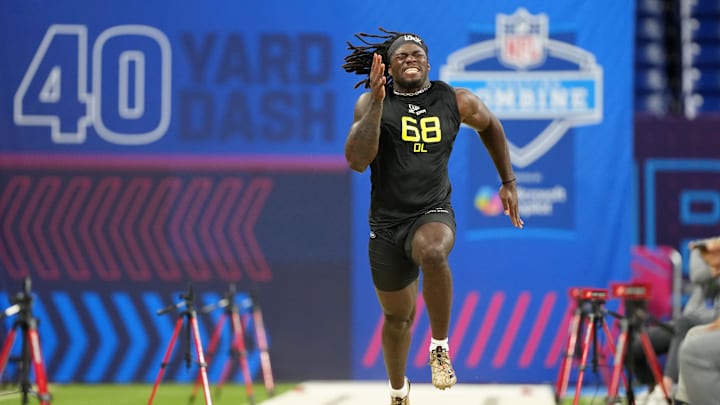 Feb 27, 2025; Indianapolis, IN, USA; Texas A&M defensive lineman Shemar Stewart (DL68) participates in drills during the 2025 NFL Combine at Lucas Oil Stadium. Mandatory Credit: Kirby Lee-Imagn Images