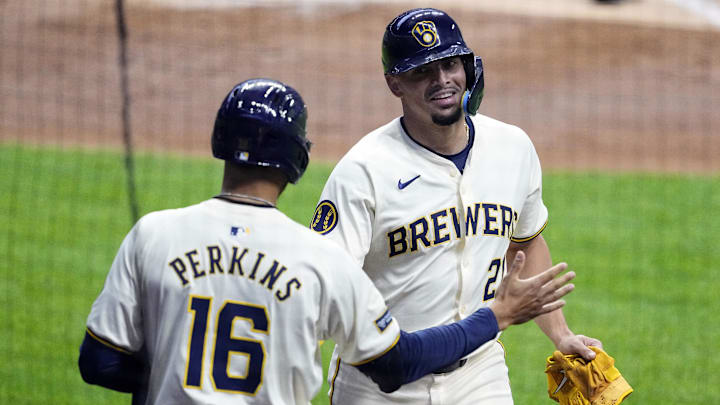 Apr 16, 2024; Milwaukee, Wisconsin, USA;  Milwaukee Brewers shortstop Willy Adames (27) is greeted