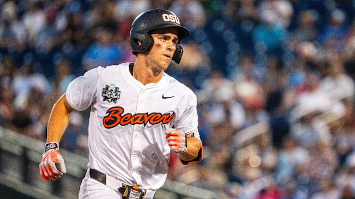 Jun 15, 2025; Omaha, Neb, USA; Oregon State Beavers left fielder Gavin Turley (1) rounds third after hitting a solo home run against the Coastal Carolina Chanticleers during the ninth inning at Charles Schwab Field. Mandatory Credit: Dylan Widger-Imagn Images Jun 15, 2025; Omaha, Neb, USA; Oregon State Beavers left fielder Gavin Turley (1) rounds third after hitting a solo home run against the Coastal Carolina Chanticleers during the ninth inning at Charles Schwab Field. Mandatory Credit: Dylan Widger-Imagn Images