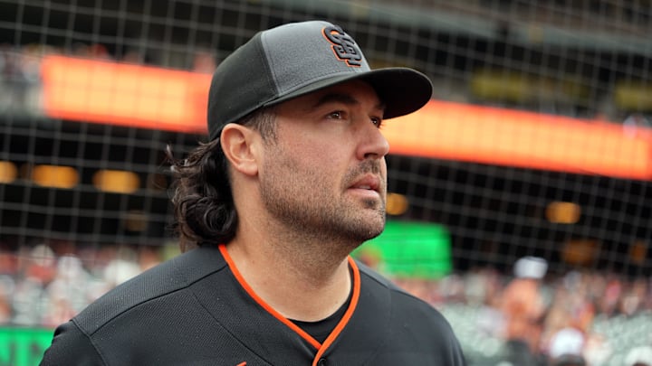 Apr 25, 2026; San Francisco, California, USA; San Francisco Giants starting pitcher Robbie Ray (38) before the game against the Miami Marlins at Oracle Park. Mandatory Credit: Darren Yamashita-Imagn Images